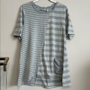 LOGO by Lori Goldstein M Asymmetric contrast striped tunic heathered gray blue